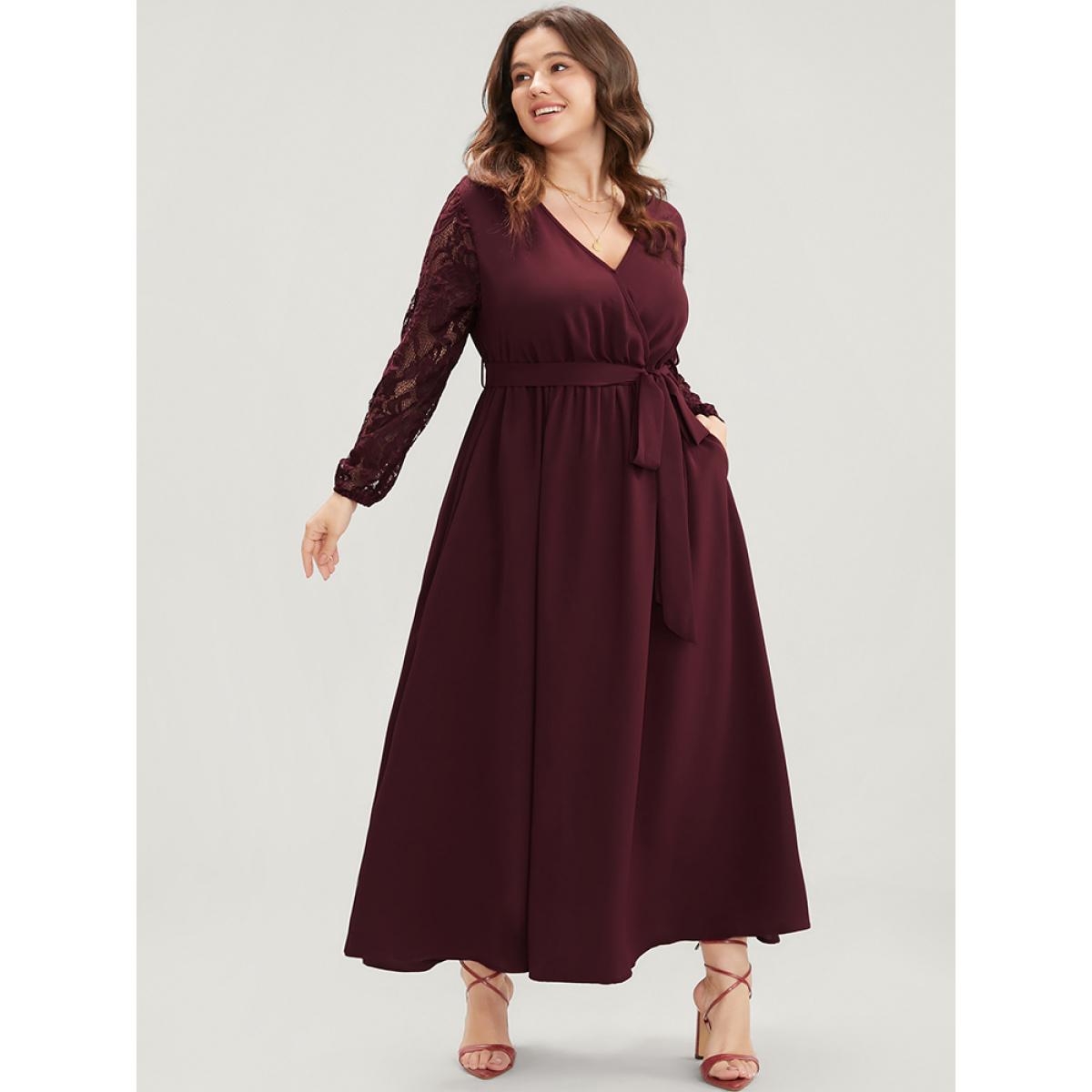 Plus Size Solid Wrap Pocket Lantern Sleeve Lace Belted Maxi Dress Burgundy Women Elegant V-neck Long Sleeve Curvy Long Dress BloomChic 28/5X Product Image