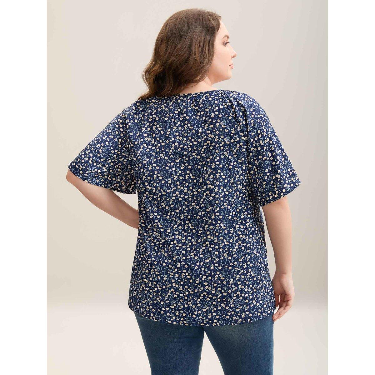 Plus Size Indigo Floral Printed Lotus Sleeve Tied Blouse Women Elegant Short sleeve V-neck Everyday Blouses BloomChic 18-20/2X Product Image