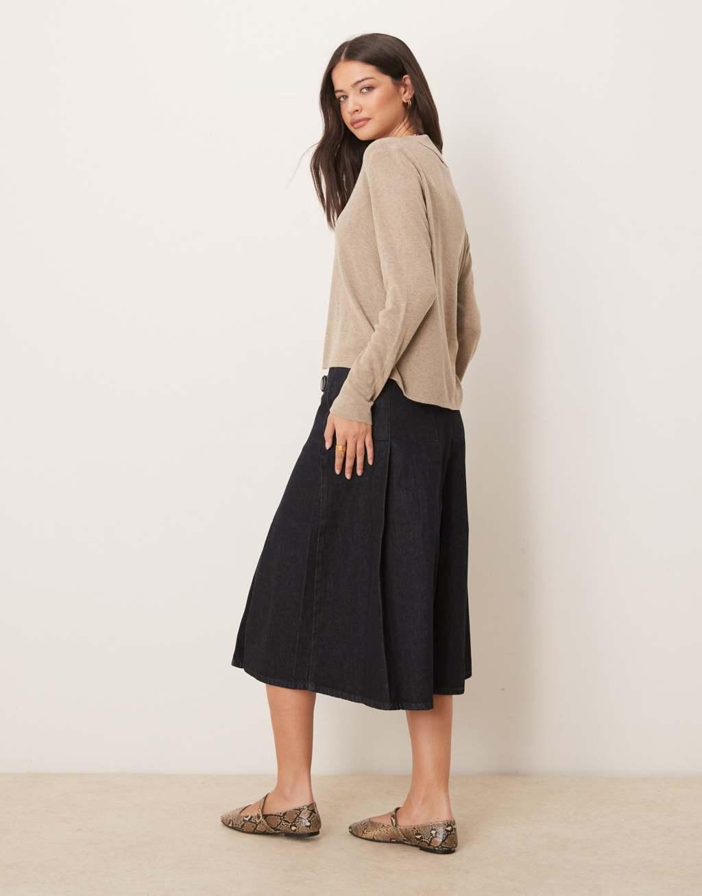 Mango denim pleated midi skirt in dark blue Product Image