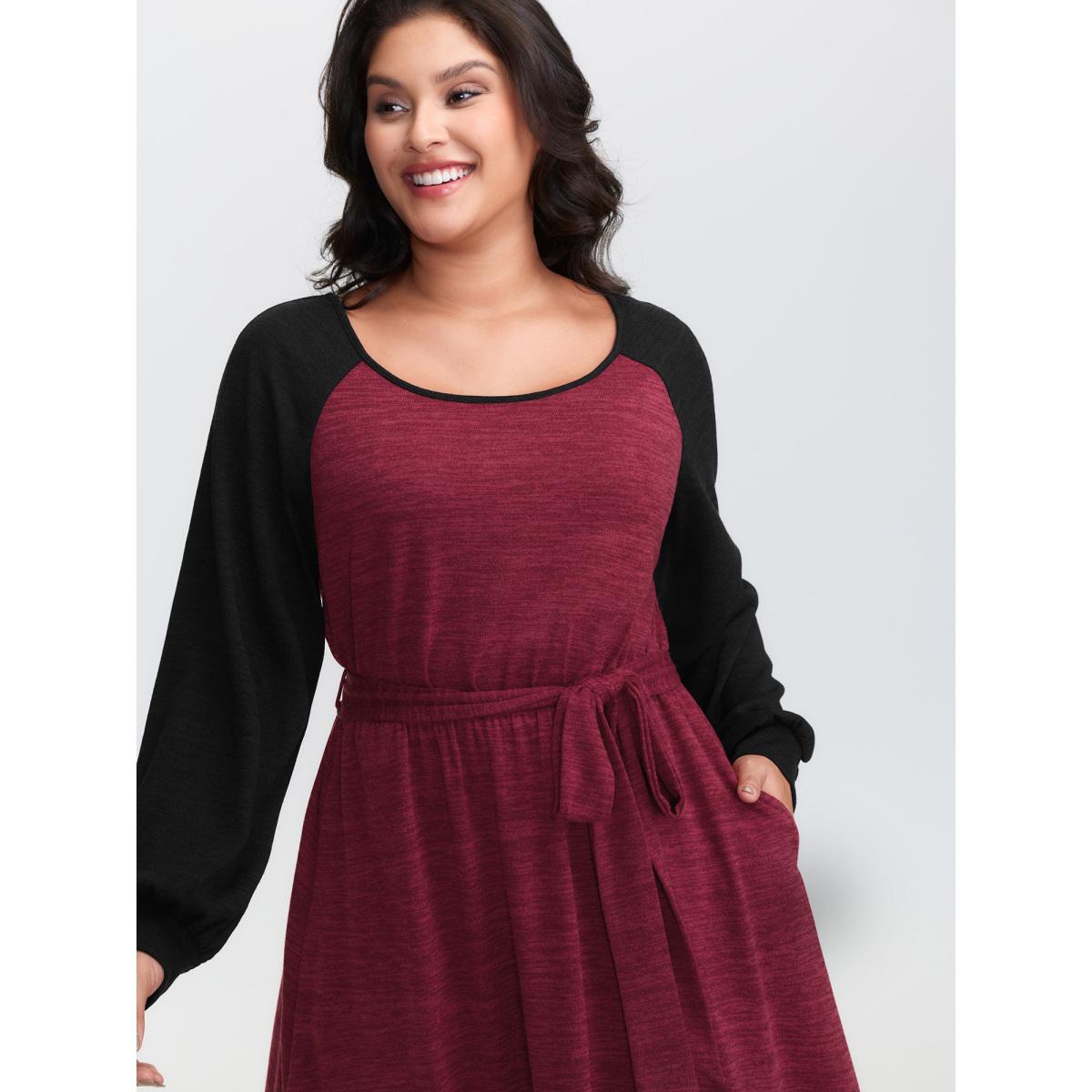 Plus Size Color Contrast Back Cut-Out Stretchy Midi Dress Burgundy Women Leisure Tie knot Round Neck Extra Long Sleeve Curvy BloomChic 10/M Product Image