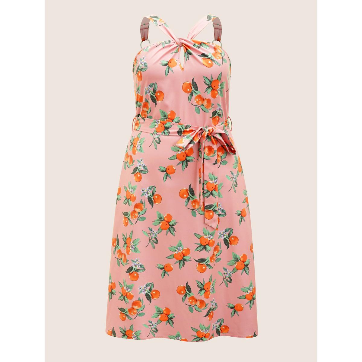 Plus Size Citrus Orange Print Halter Neck Tie Knot Dress Pink Women Elegant Tie knot Halter neck Sleeveless Curvy Midi Dress BloomChic 18-20/2X Product Image