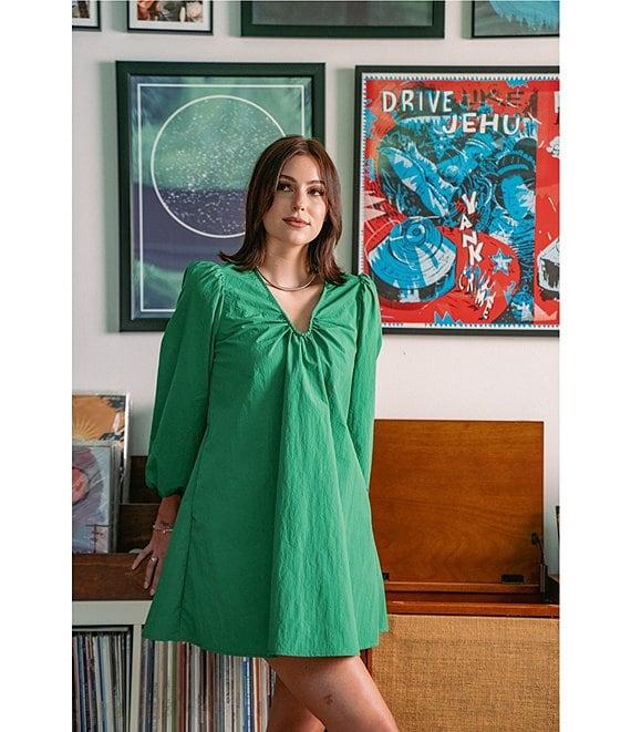 CROSBY by Mollie Burch Beckham Shantung Ruched Wired U-Neckline Long Balloon Sleeve Shift Dress Product Image