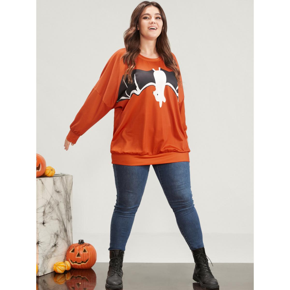 Plus Size Halloween Bat Print Round Neck Drop Shoulder Sweatshirt Women Orange Casual Printed Round Neck Festival-Halloween Sweatshirts BloomChic 30/6X Product Image