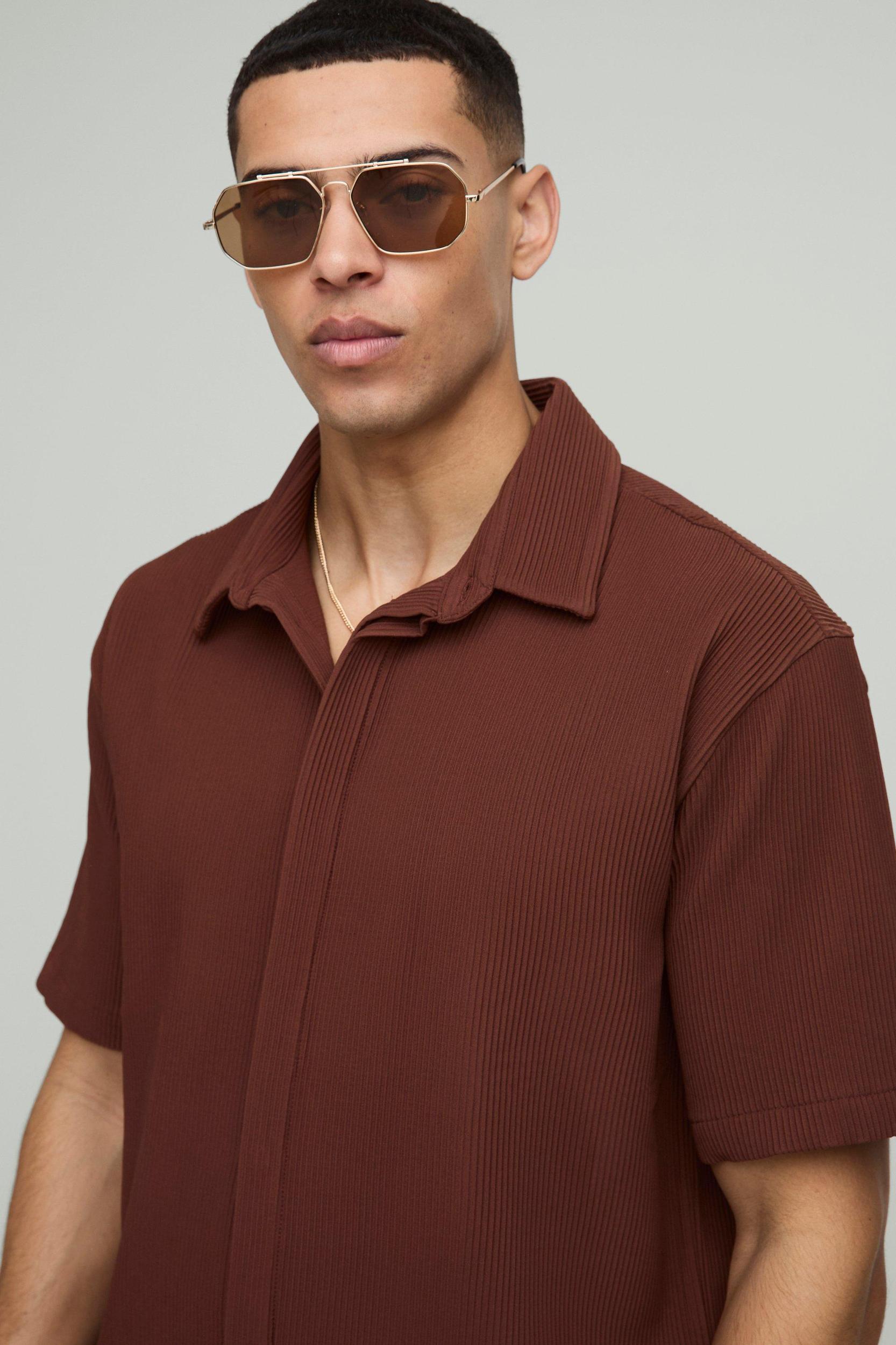 Oversized Concealed Placket Pleated Short Sleeve Shirt | boohooMAN USA Product Image