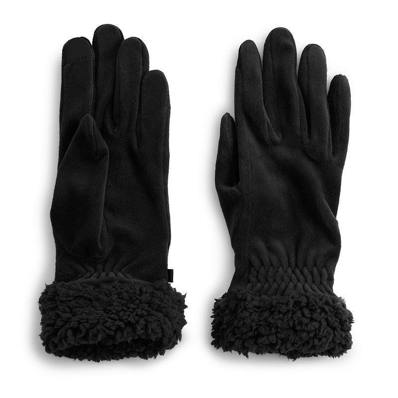 Women's Cuddl Duds® Double Plush Velour & Sherpa Cuff Gloves, Black Product Image