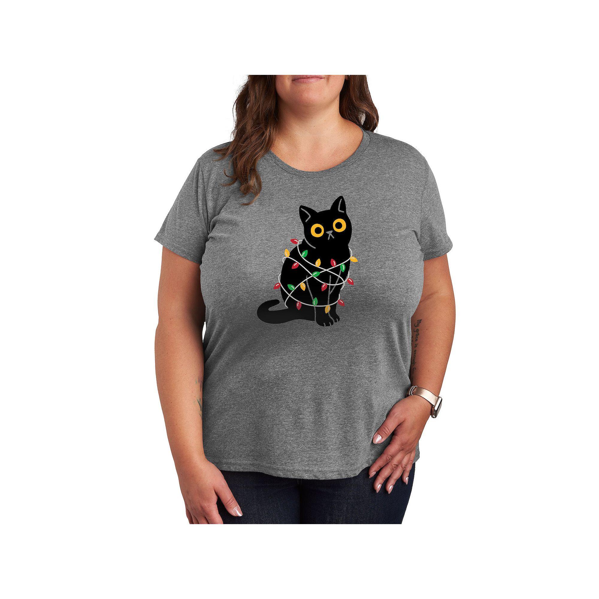 Plus Cat Wrapped In Christmas Lights Graphic Tee, Women's, Size: 4XL, Gray Product Image