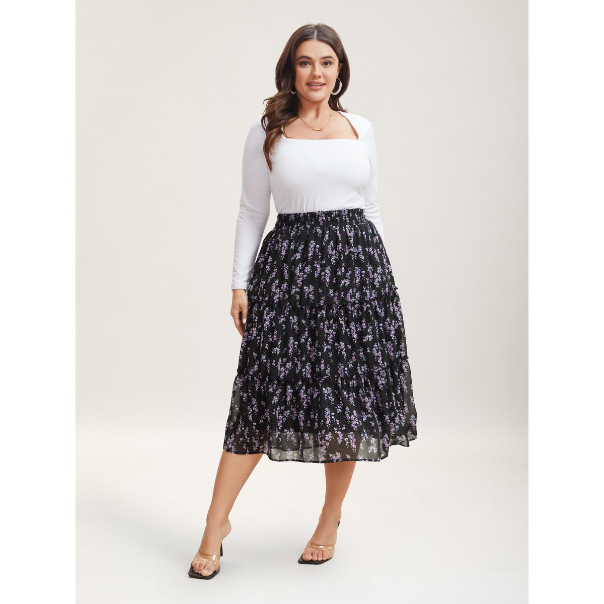 Plus Size Flirty Floral Pleated Sheer Midi Skirt Women BlackFlower Elegant See through No stretch Side seam pocket Everyday Skirts BloomChic 26/4X Product Image
