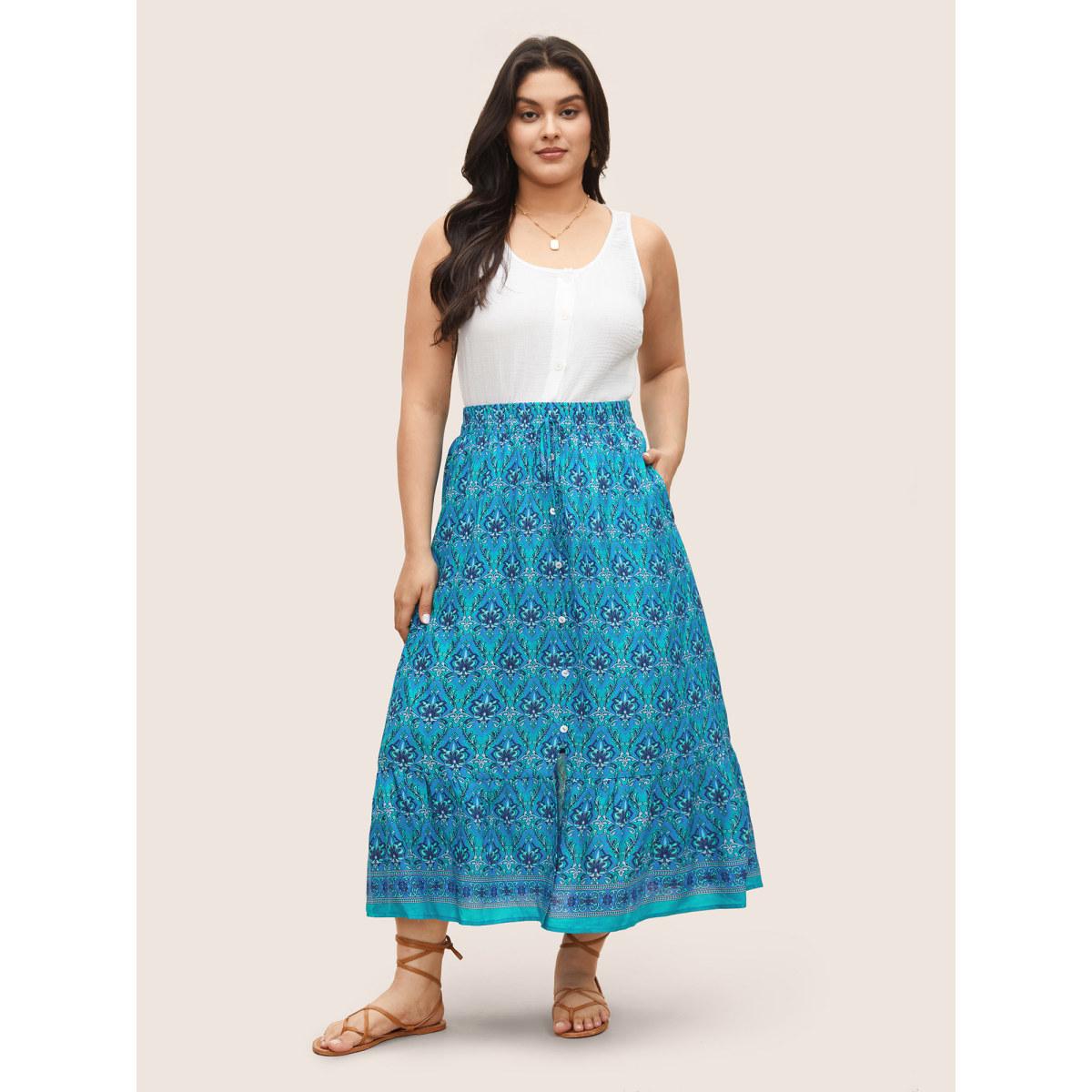 Plus Size Boho Print Elastic Waist Button Detail Skirt Women Cerulean Resort Non No stretch Slanted pocket Vacation Skirts BloomChic 18-20/2X Product Image