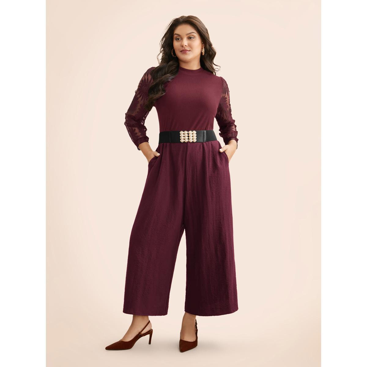 Plus Size Plum Crochet Lace Mesh Mock Neck Jumpsuit Women Elegant Long Sleeve Mock Neck Everyday Loose Jumpsuits BloomChic 18-20/2X Product Image