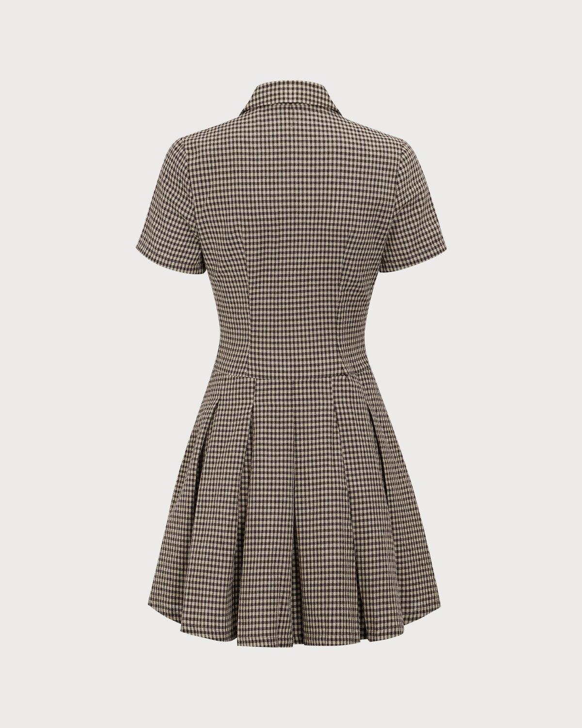 Brown Plaid Lapel Pleated Mini Dress Product Image