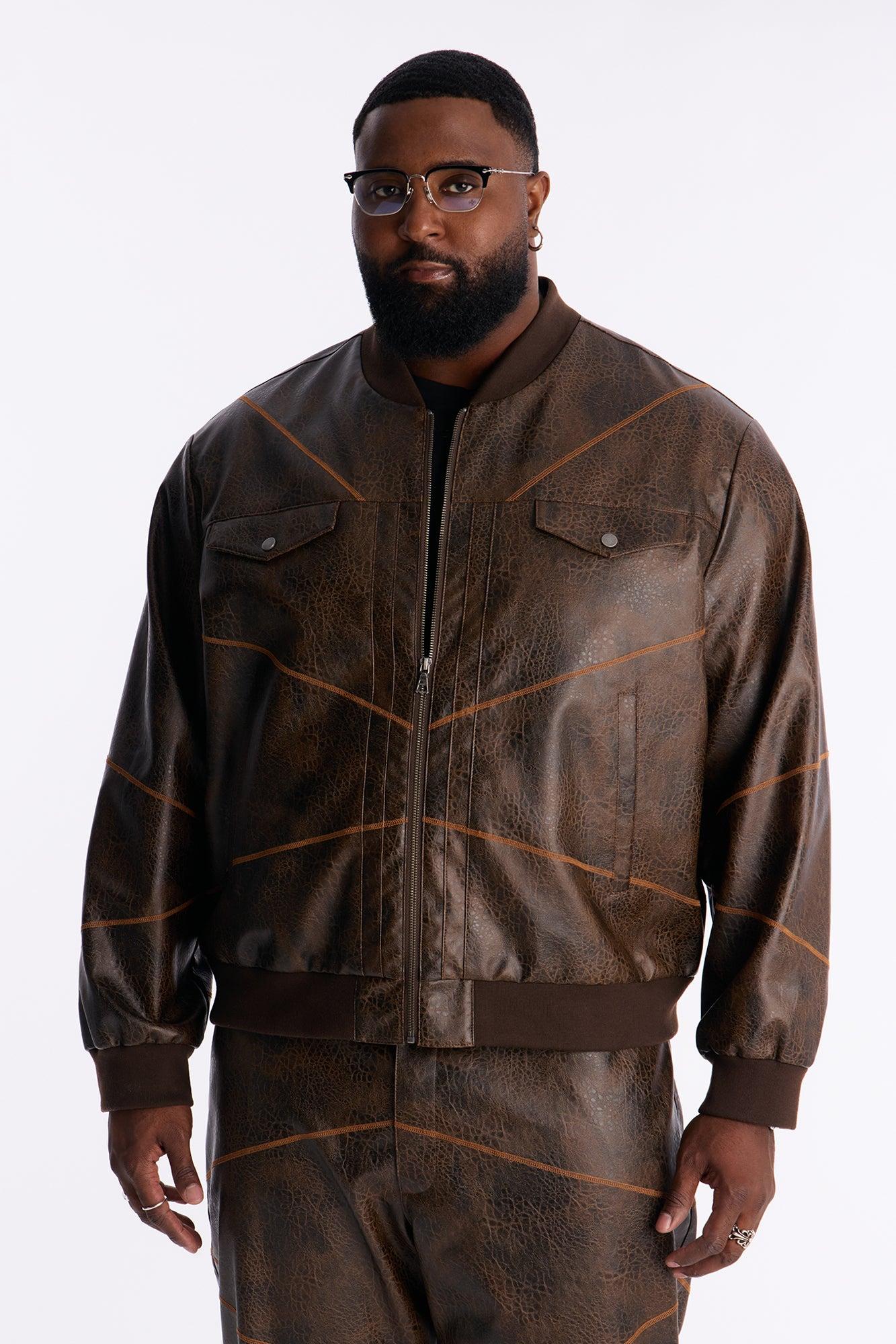 Vintage Chainstitch Faux Leather Bomber Jacket - Brown Male Product Image