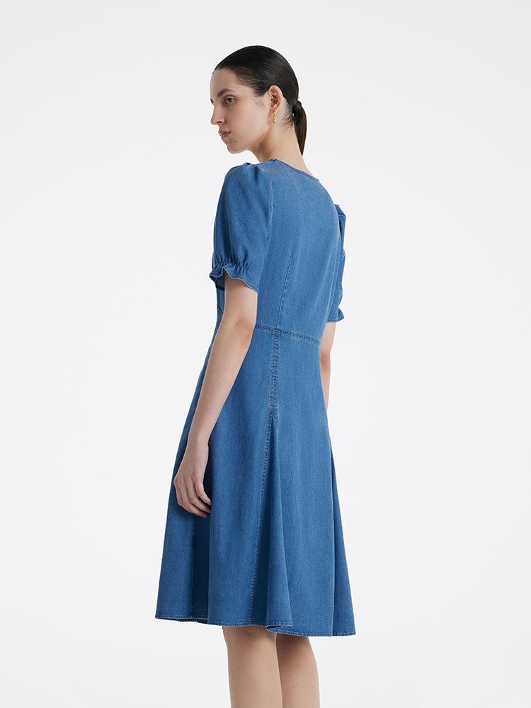 Denim V-Neck Gathered Waist Women Midi Dress Product Image