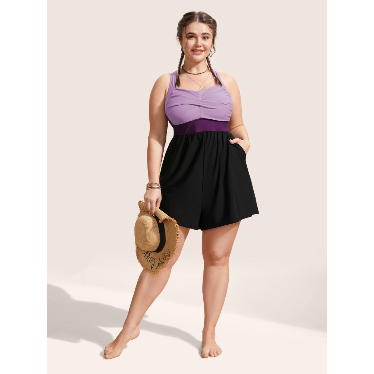 Plus Size Patchwork Contrast Crossover One Piece Swimsuit Women's Swimwear Lilac Resort Twist Curve Bathing Suits High stretch One Pieces BloomChic 26/4X Product Image