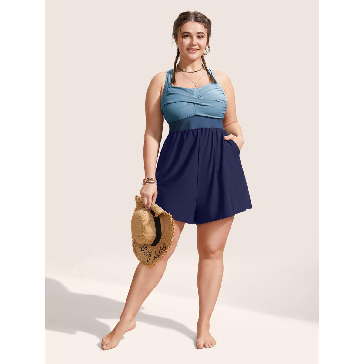 Plus Size Patchwork Contrast Crossover One Piece Swimsuit Women's Swimwear Stone Beach Twist Curve Bathing Suits High stretch One Pieces BloomChic 12/L Product Image