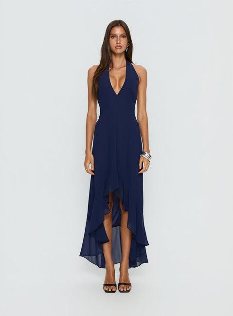 Agata Halter Frill Maxi Dress Navy Product Image