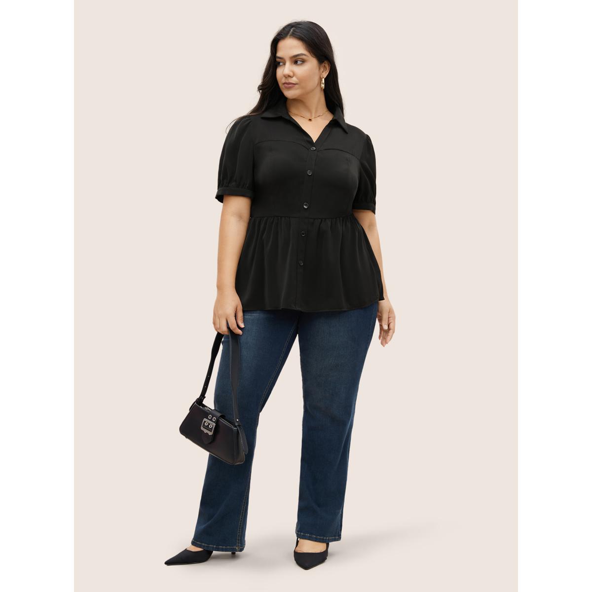 Plus Size Black Shirt Collar Solid Button Detail Gathered Blouse Women At the Office Short sleeve Shirt collar Work Blouses BloomChic 14-16/1X Product Image