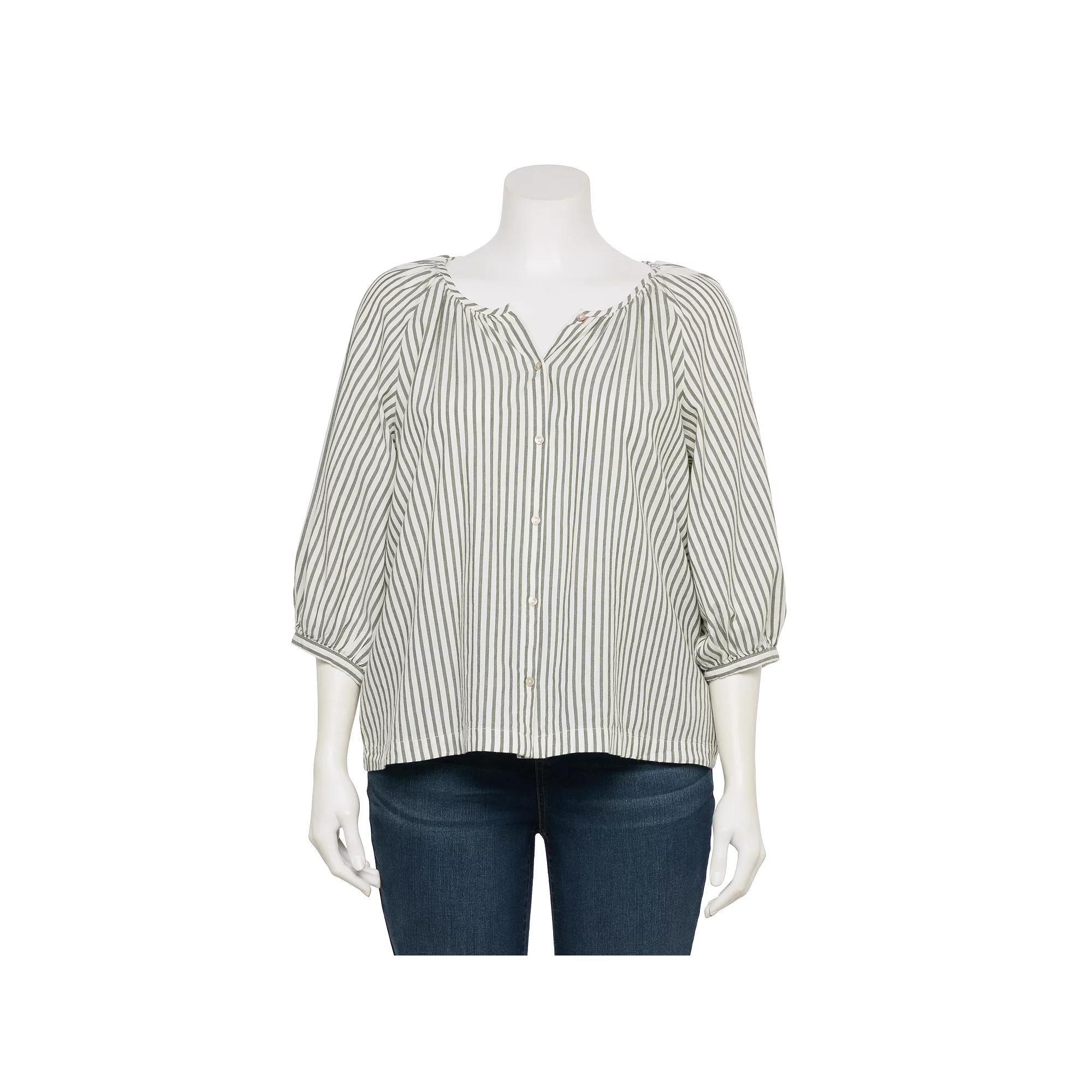 Plus Size LC Lauren Conrad Raglan Sleeve Button Front Peasant Top, Women's, Size: 3XL, Aspen Picnic Stripe Product Image