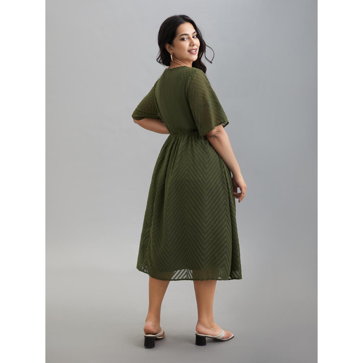 Plus Size Lace V-Neck Chiffon Waist-Cinched Midi Dress ArmyGreen Women Resort Woven ribbon&lace trim V-neck Half Sleeve Curvy BloomChic 10/M Product Image