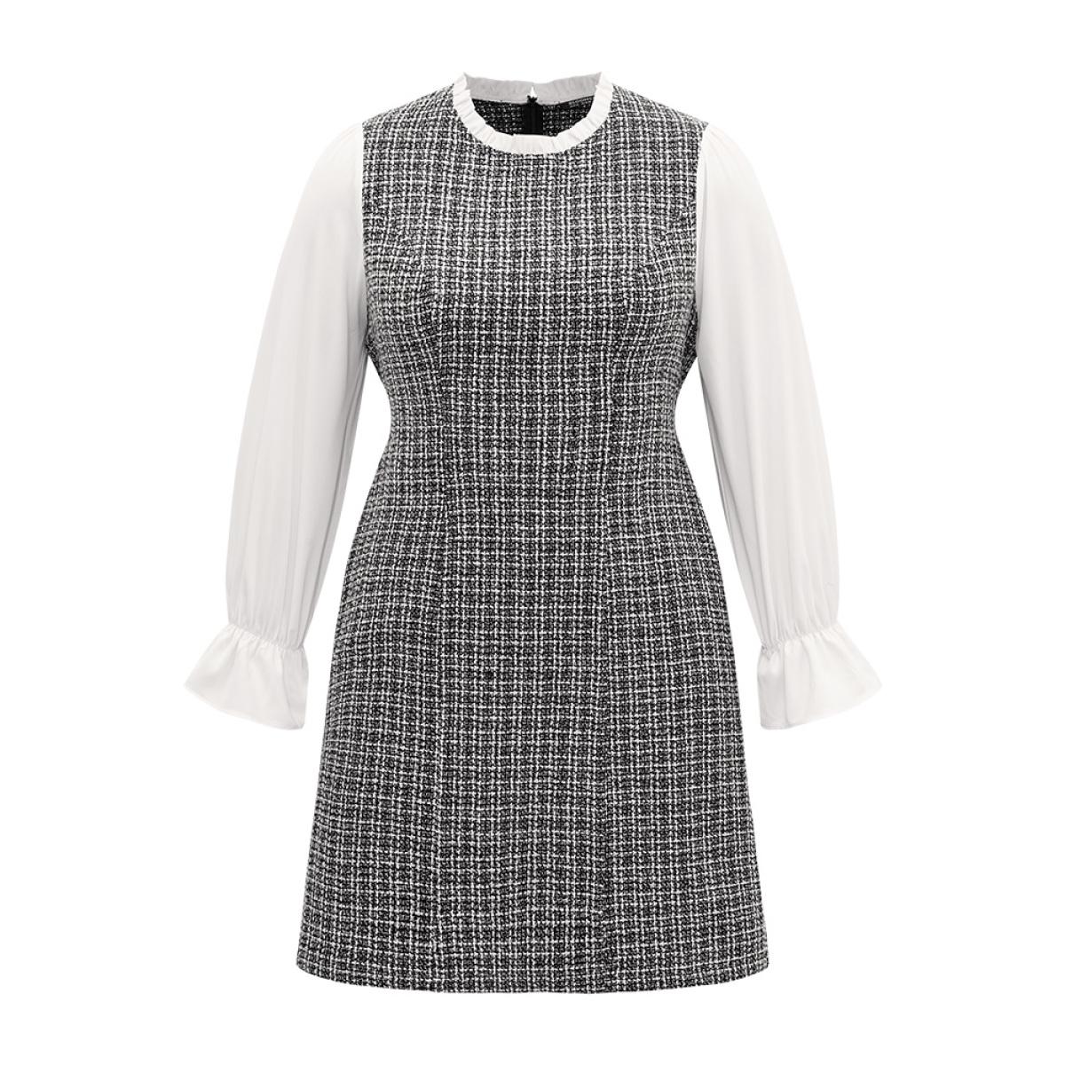 Plus Size Plaid Patchwork Ruffle Trim Knee Dress White Women Office Texture Mock Neck Long Sleeve Curvy Knee Dress BloomChic 30/6X Product Image