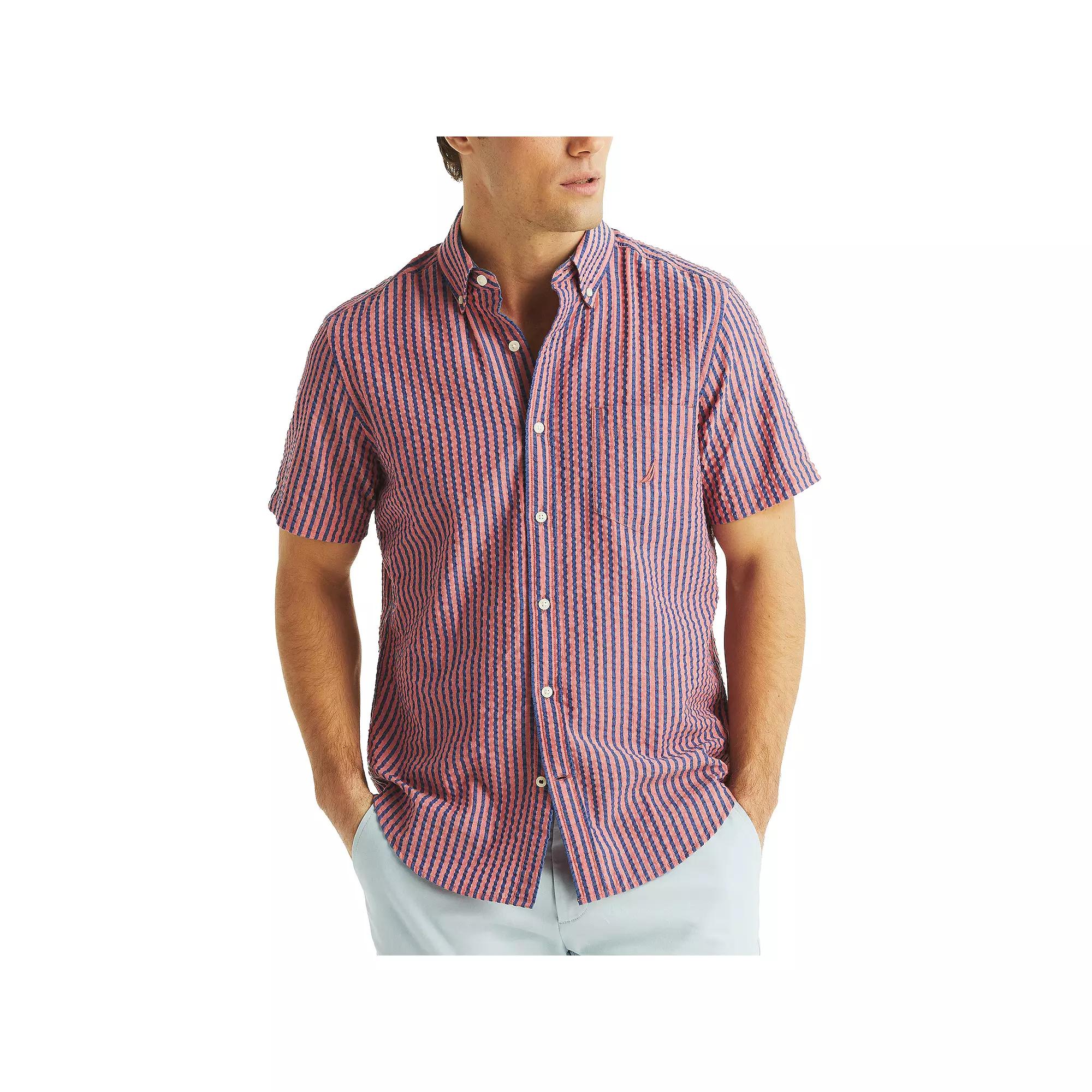 Men's Nautica Short-Sleeve Striped Seersucker Shirt, Size: XXL, Rose Pink Product Image