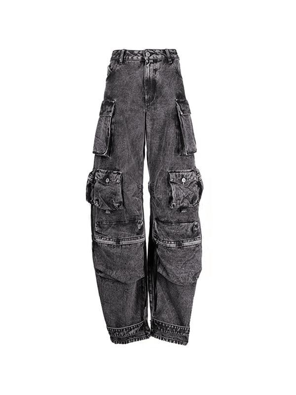 Washed Distressed Gray Multi Pocket Splice Cargo Jeans Product Image