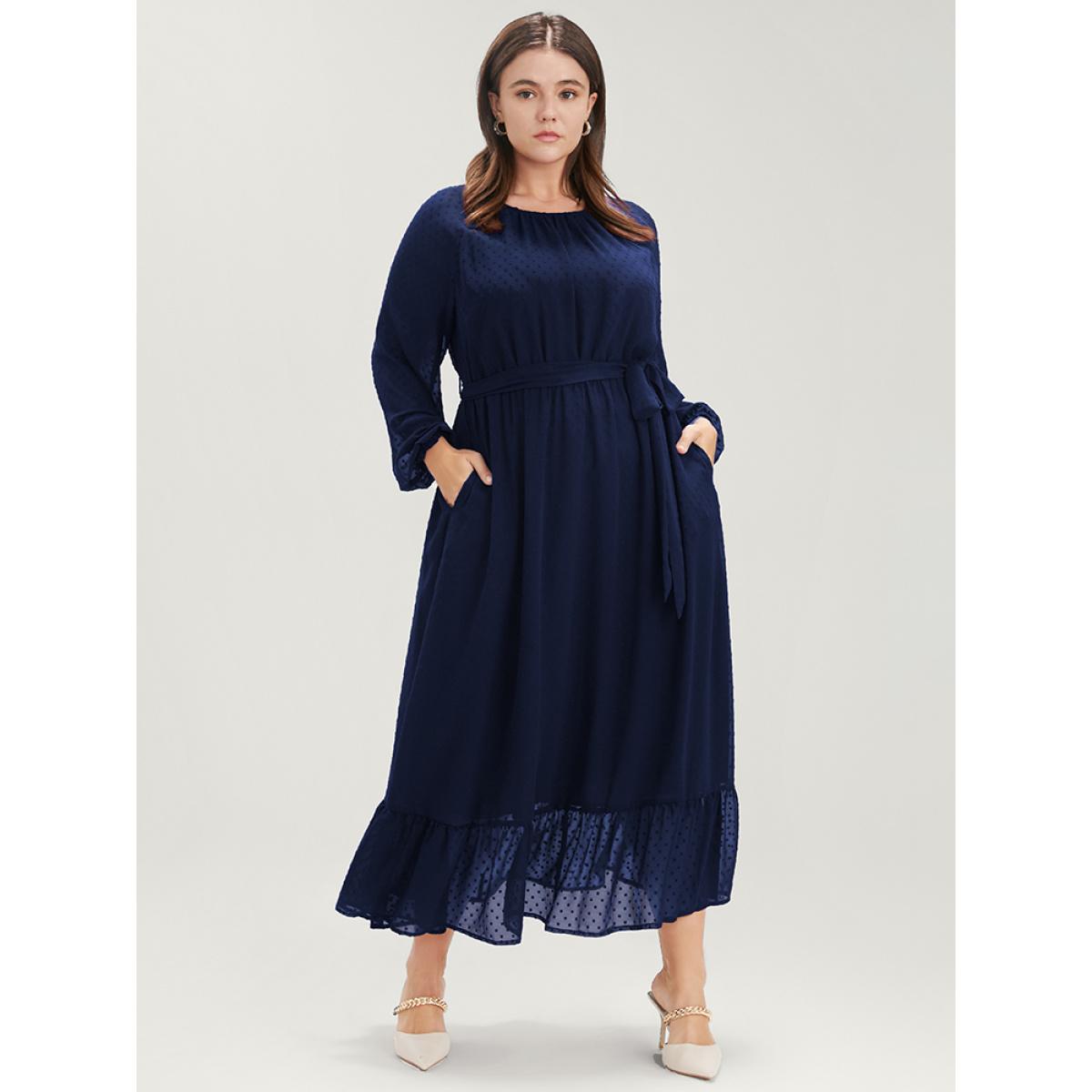 Plus Size Polka Dot Round Neck Pocket Lantern Sleeve Belted Flutter Dress Indigo Women Party Round Neck Long Sleeve Curvy Midi Dress BloomChic 18-20/2X Product Image