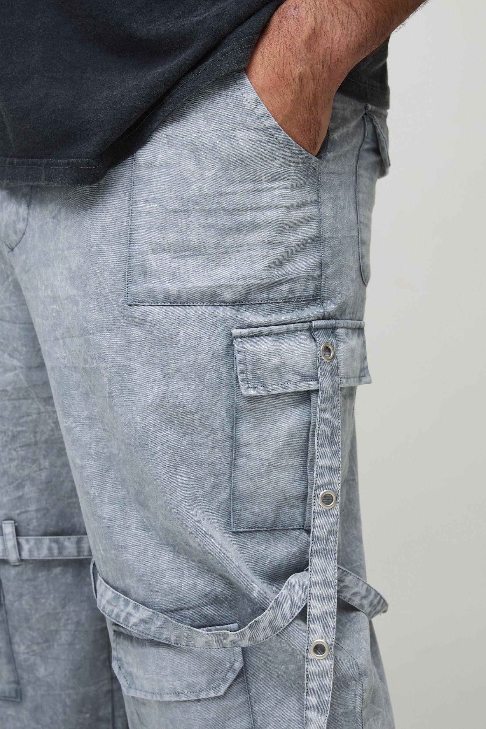 Plus Acid Wash Strappy Relaxed Fit Cargo Pants | boohooMAN USA Product Image