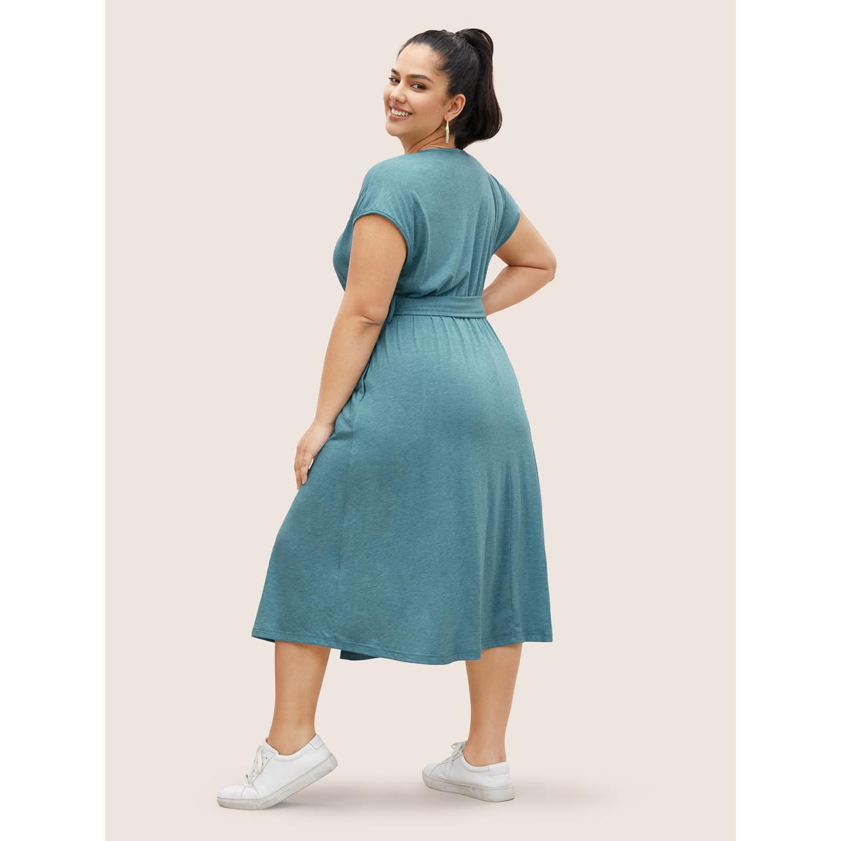Plus Size Supersoft Essentials Solid Wrap Cap Sleeve Dress Turquoise Women Casual Overlapping Overlap Collar Cap Sleeve Curvy Midi Dress BloomChic 14-16/1X Product Image