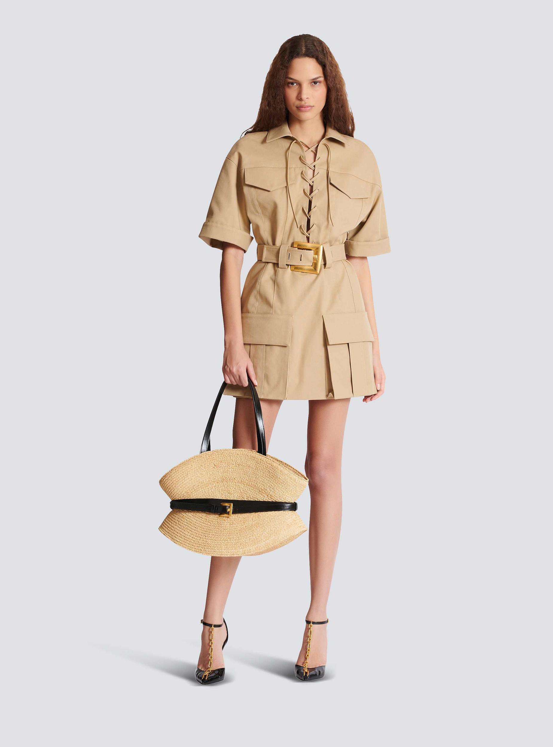 Short cotton gabardine lace-up dress Product Image