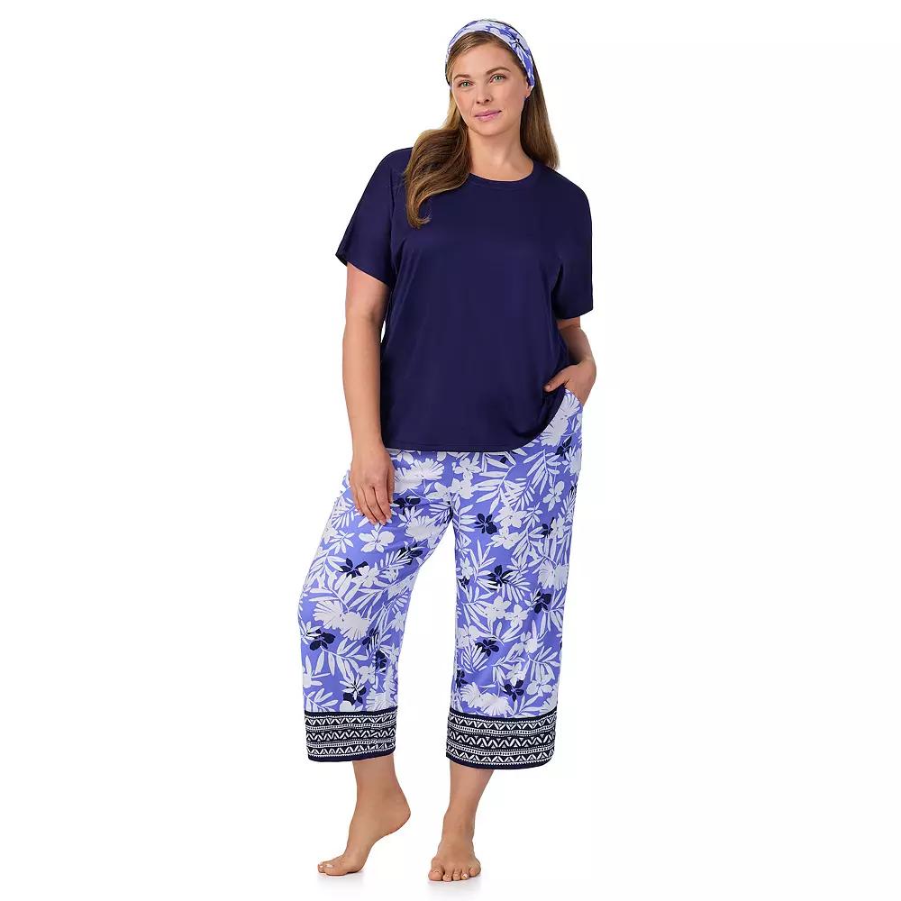 Plus Size Cuddl Duds® 2-pc. Pajama Crewneck Top & Pajama Capri Pants Set with Matching Headband, Women's, Size: 1XL, Purple Mono Floral Product Image