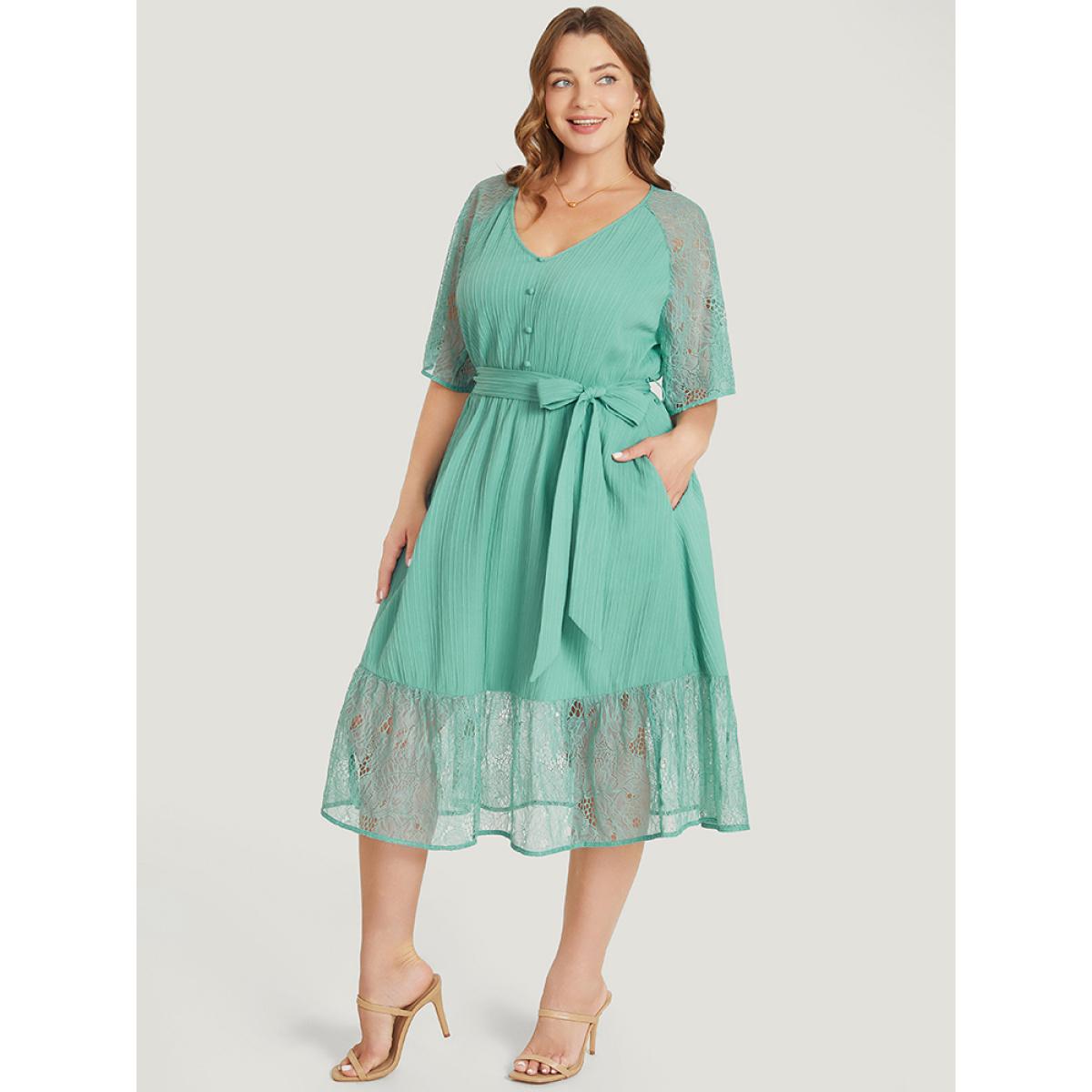 Plus Size Plain Pocket Lace Raglan Sleeve Ruffle Belted Plisse Dress Mint Women Office Plain V-neck Short sleeve Curvy Midi Dress BloomChic 14-16/1X Product Image