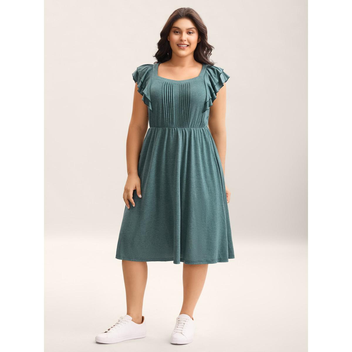 Plus Size Stretchy Flutter Sleeve Pleated Midi Dress Teal Women Knit Dresses Bloomchic 18-20/2X Product Image