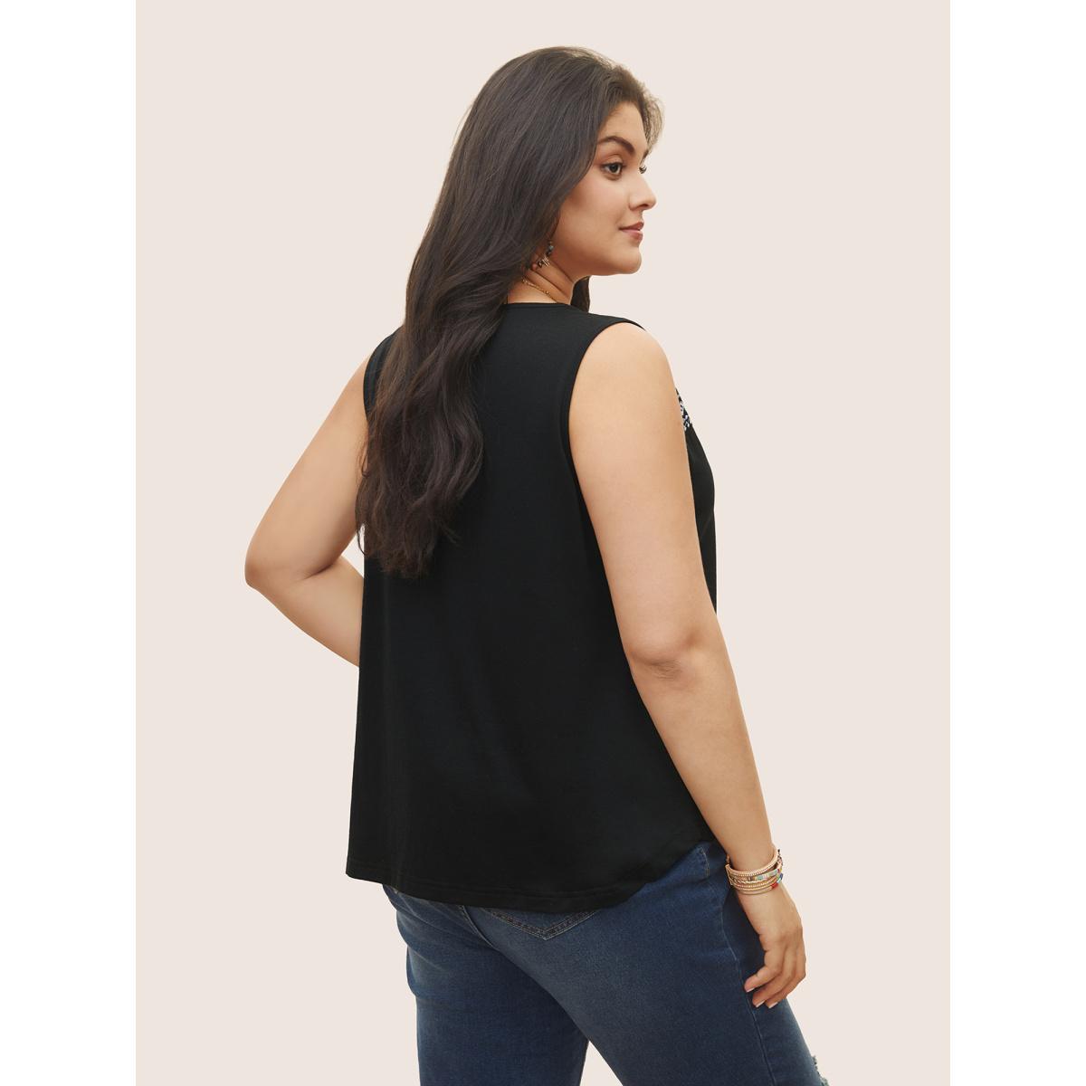 Plus Size Bandana Geometric Embroidered Tank Top Women Black Resort Embroidered Round Neck Vacation Tank Tops Camis BloomChic 26/4X Product Image