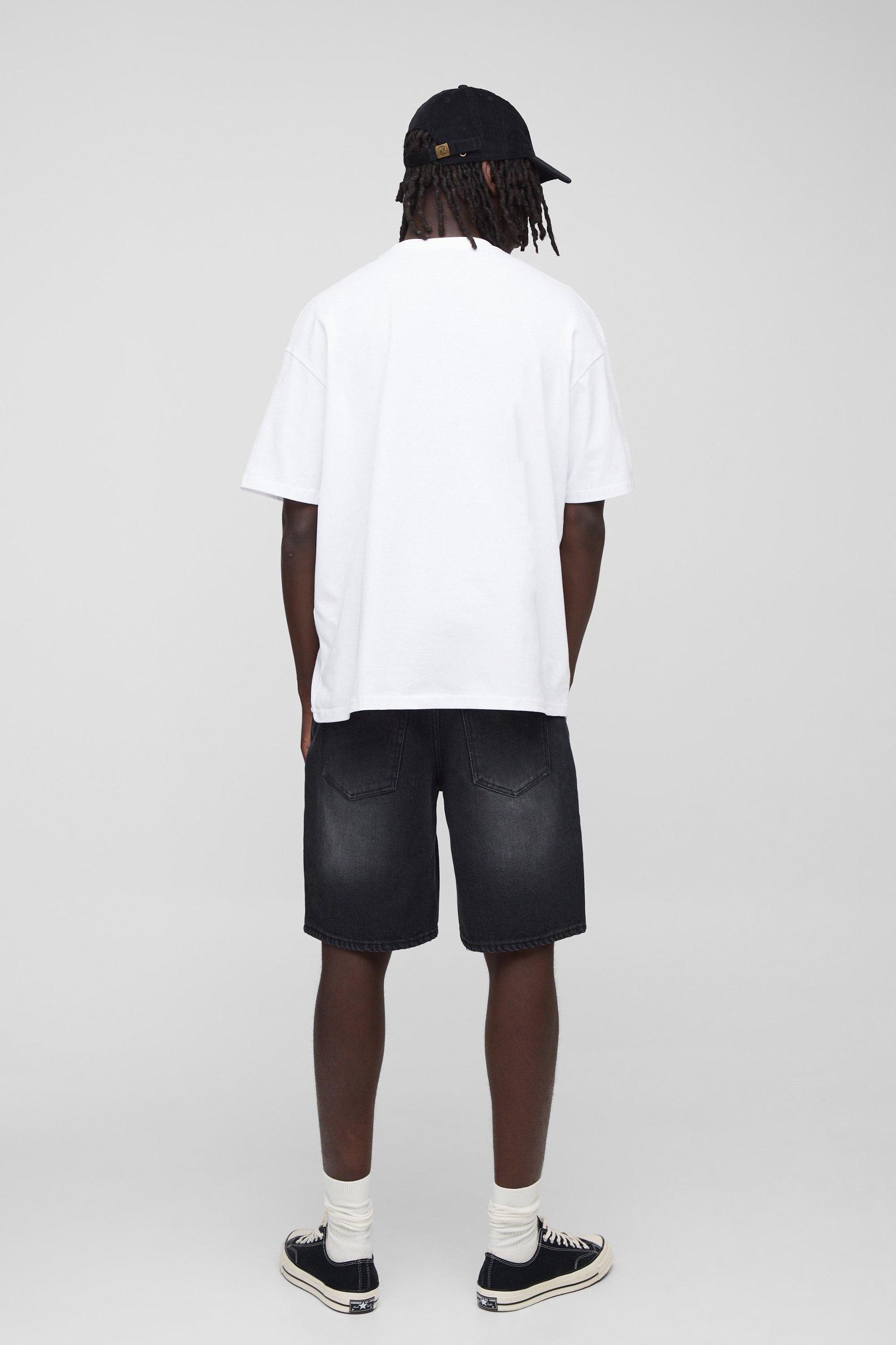 Relaxed Washed Black Tribal Applique Jean Shorts | boohooMAN USA Product Image