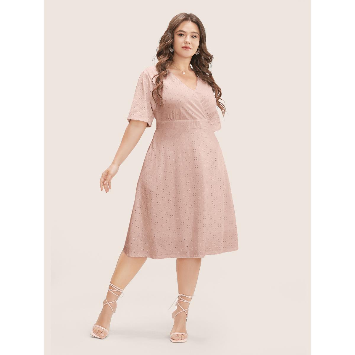 Plus Size Solid Pocket Laser Cut Surplice Neck Knee Dress DustyPink Women Elegant Pocket V-neck Short sleeve Curvy Knee Dress BloomChic 12/L Product Image