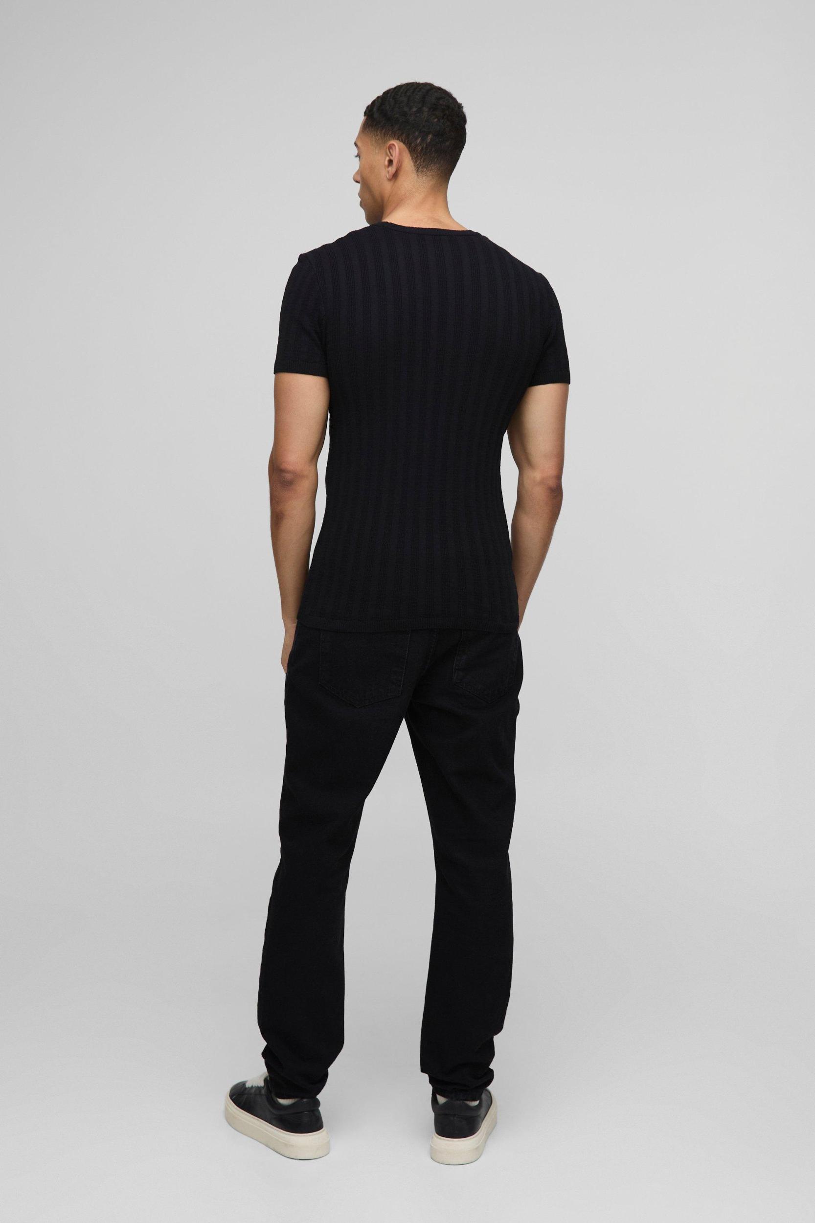 Muscle Fit Ribbed Knitted T-Shirt | boohooMAN USA Product Image
