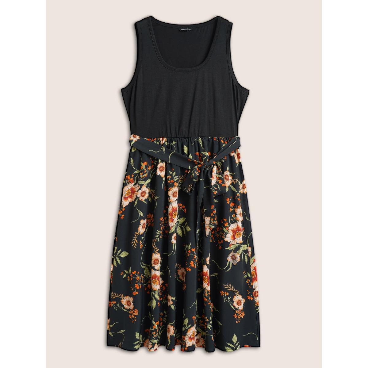 Plus Size Floral Patchwork Pocket Elastic Waist Sleeveless Dress Black Women Elegant Non Sleeveless Curvy Midi Dress BloomChic 22-24/3X Product Image
