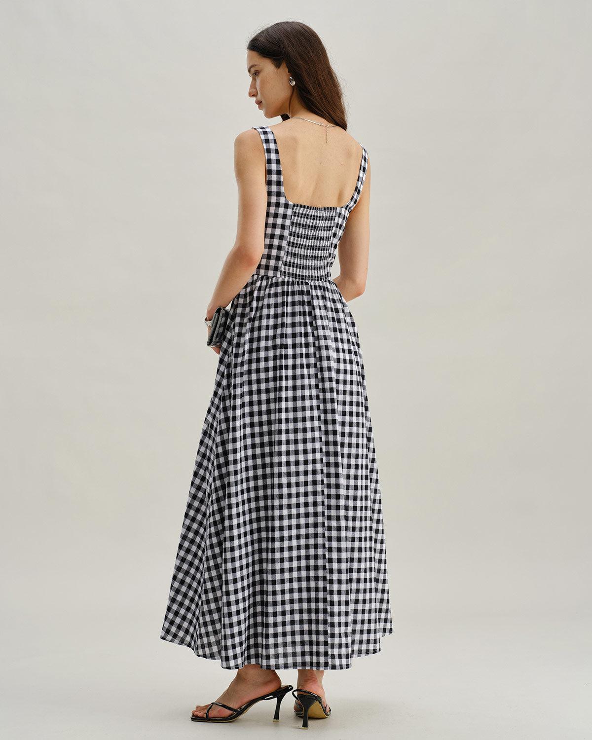 Black Plaid Square Neck Pocket Slip Maxi Dress Product Image