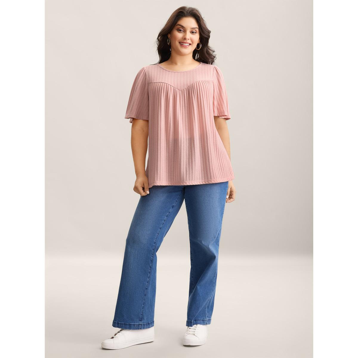 Plus Size Waffle Lotus Leaf Sleeve Flowy T-Shirt Nudepink Women Texture V-neck Loose Everyday-Casual T-shirts BloomChic 10/M Product Image