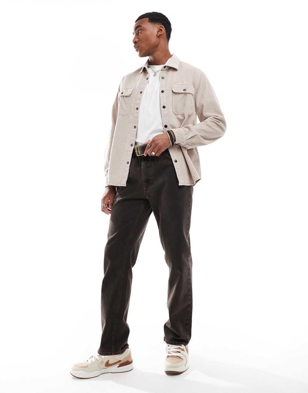 ASOS DESIGN cord overshirt with snaps in stone Product Image