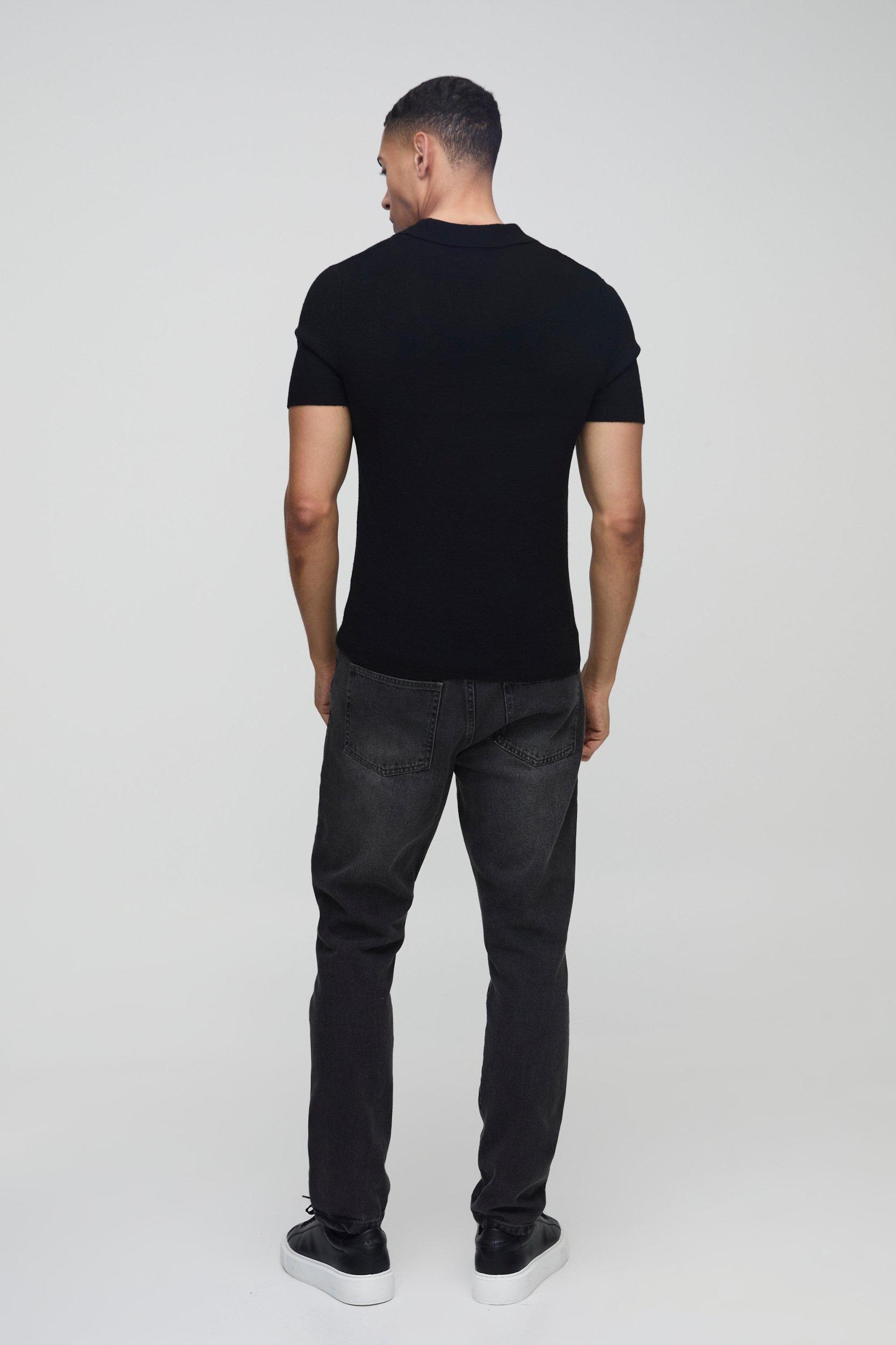 Muscle Fit Revere Collar Knitted Polo | boohooMAN USA Product Image