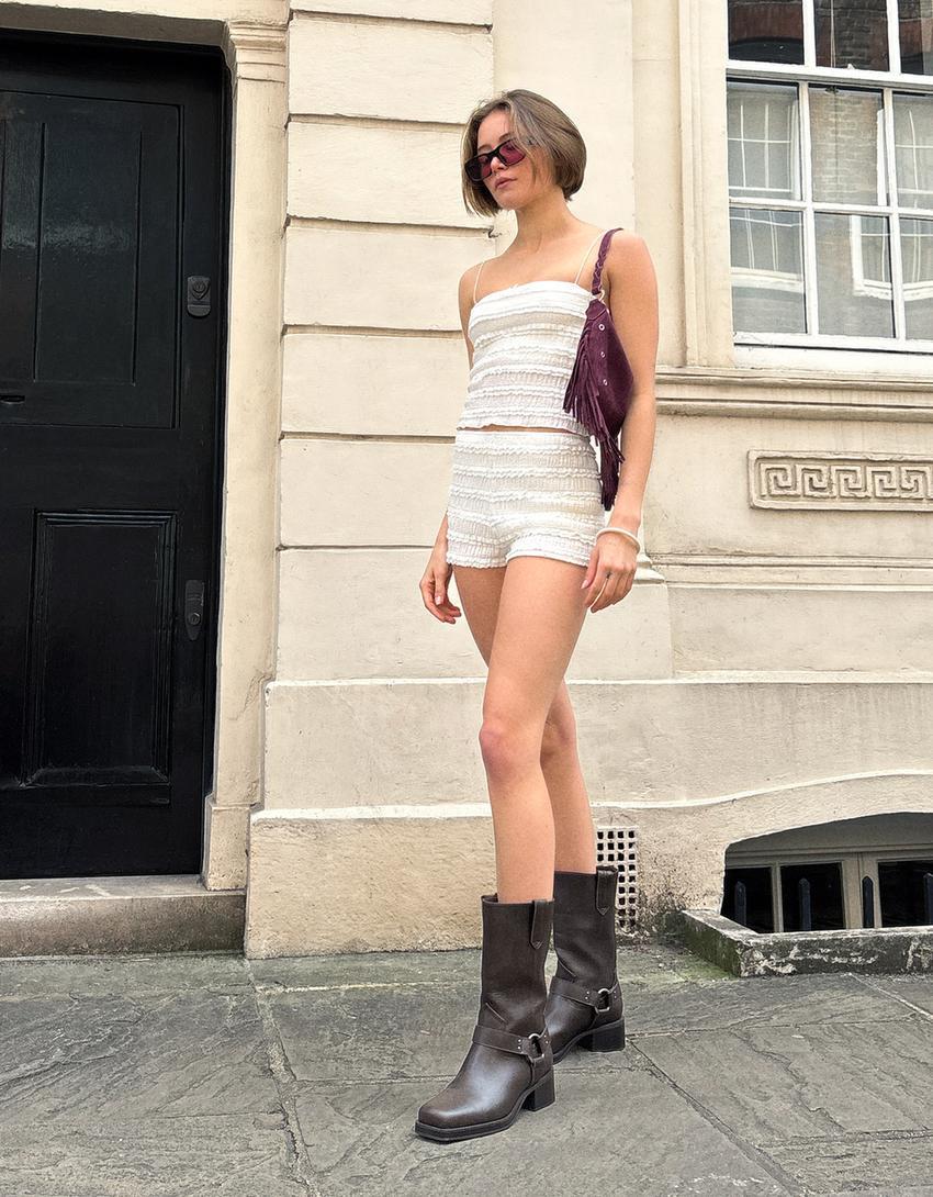 Textured waffle-knit shorts with ruffles Product Image