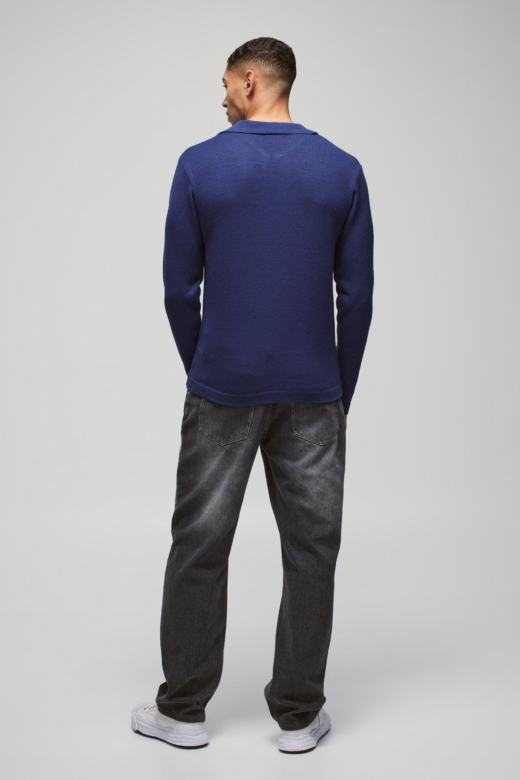 Regular Deep V Revere Collar Knitted Long Sleeve Polo | boohooMAN USA Product Image