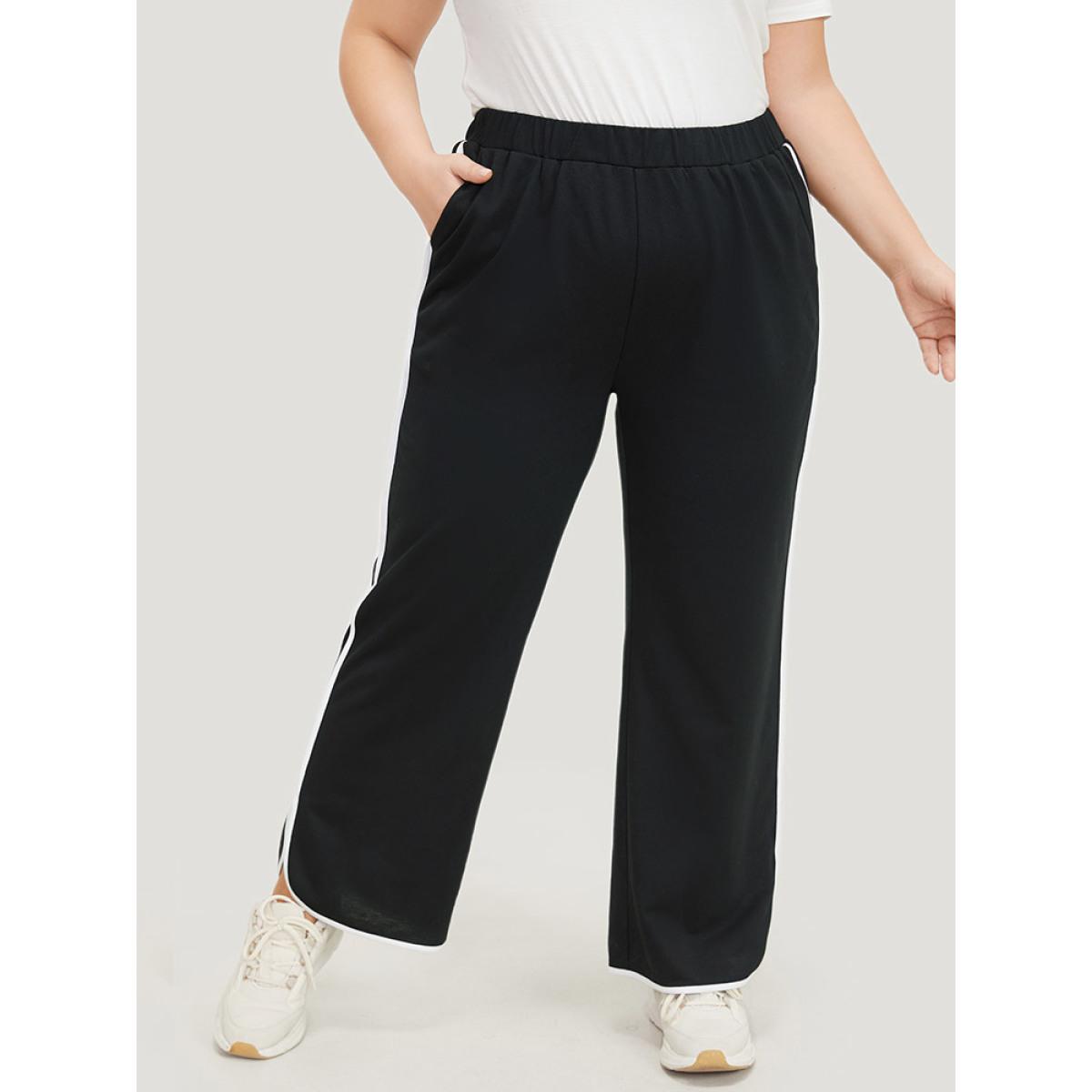 Contrast Pocket Seam Detail Split Hem Sweatpants Black Plus Size Women Casual Dailywear Contrast 12/L Bloomchic Product Image