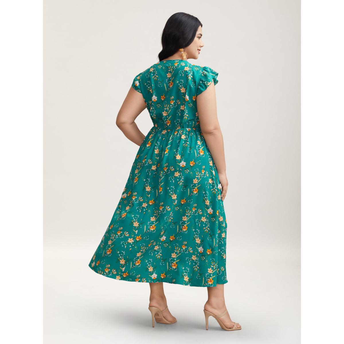 Plus Size Shirred Printed Flutter Sleeve Pockets Maxi Dress Teal Women Timeless Shirred V-neck Cap Sleeve Curvy BloomChic 26/4X Product Image