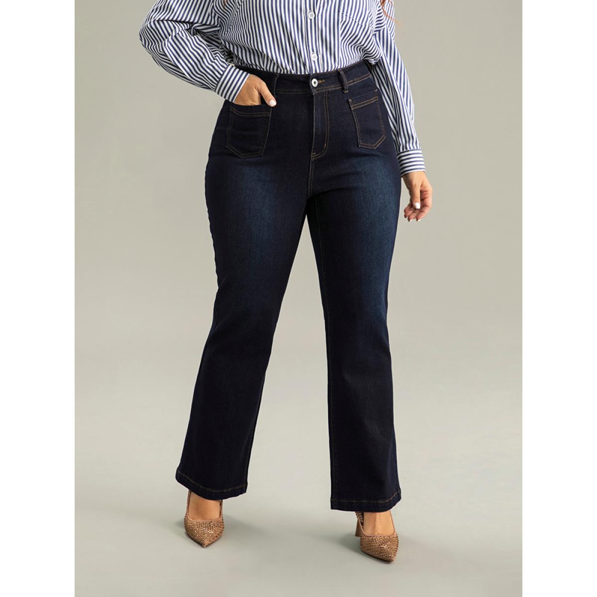 Plus Size Straight Leg Dark Wash Patched Pocket Jeans Women Midnight Casual Plain Plain High stretch Pocket Jeans BloomChic 24/3X Product Image