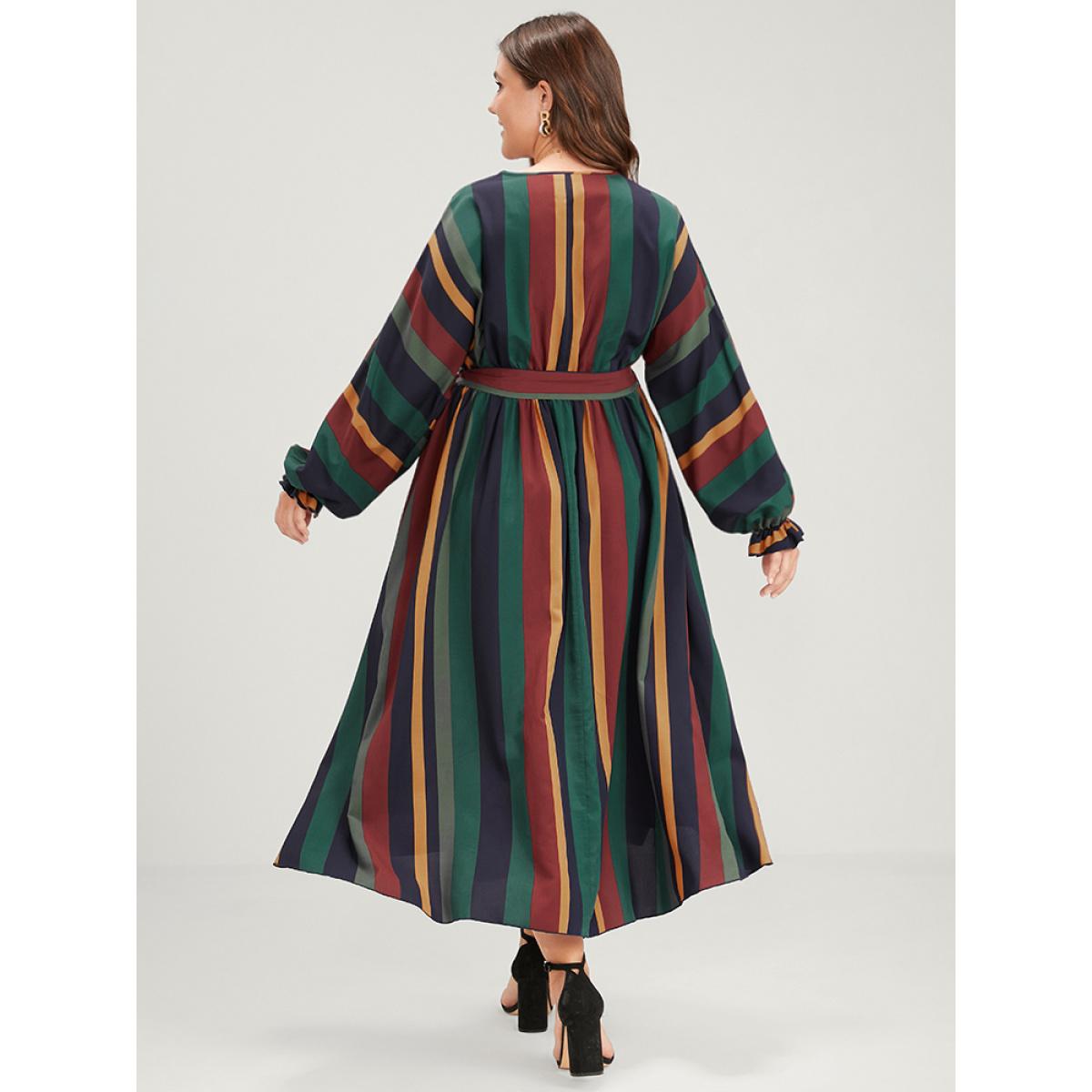 Plus Size Striped Pocket Dolman Sleeve Wrap Button Flutter Belted Split Dress Multicolor Women Vacation Cross straps V-neck Long Sleeve Curvy Long Dress BloomChic 26/4X Product Image