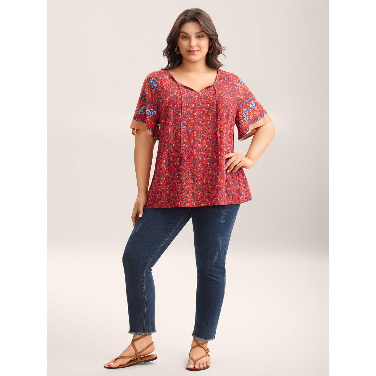 Plus Size Raspberry Floral Print Neck Tie Half Sleeve Blouse Women Boho Short sleeve Notched collar Vacation Blouses BloomChic 10/M Product Image