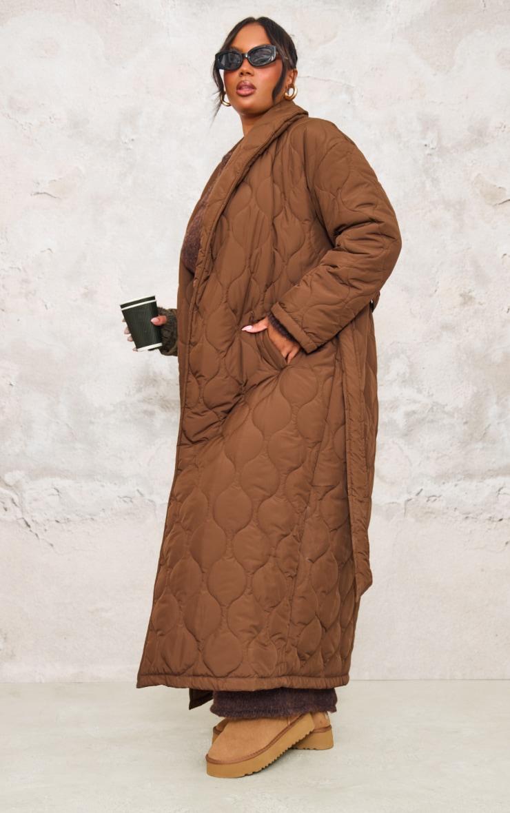 Plus Dark Brown Maxi Belted Quilted Coat Product Image
