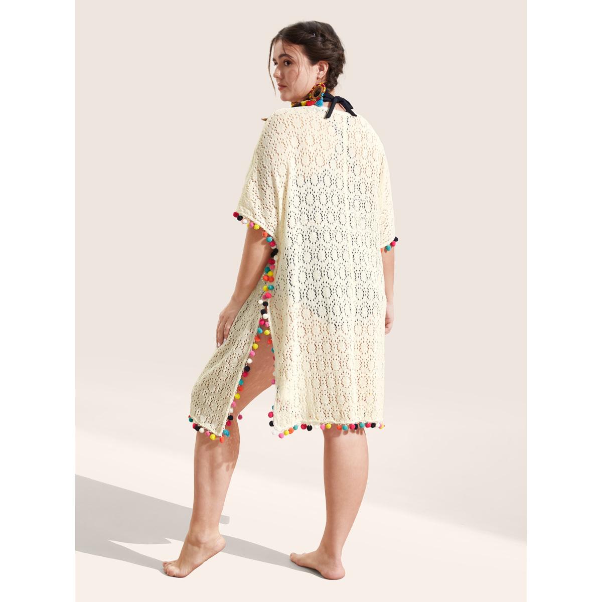 Plus Size Colored Fluffy Ball Trim Tie Knot Swim Cover Up Women's Swimwear Ivory Beach Loose Tie knot Curve Swim Cover Ups BloomChic 18-20/2X Product Image